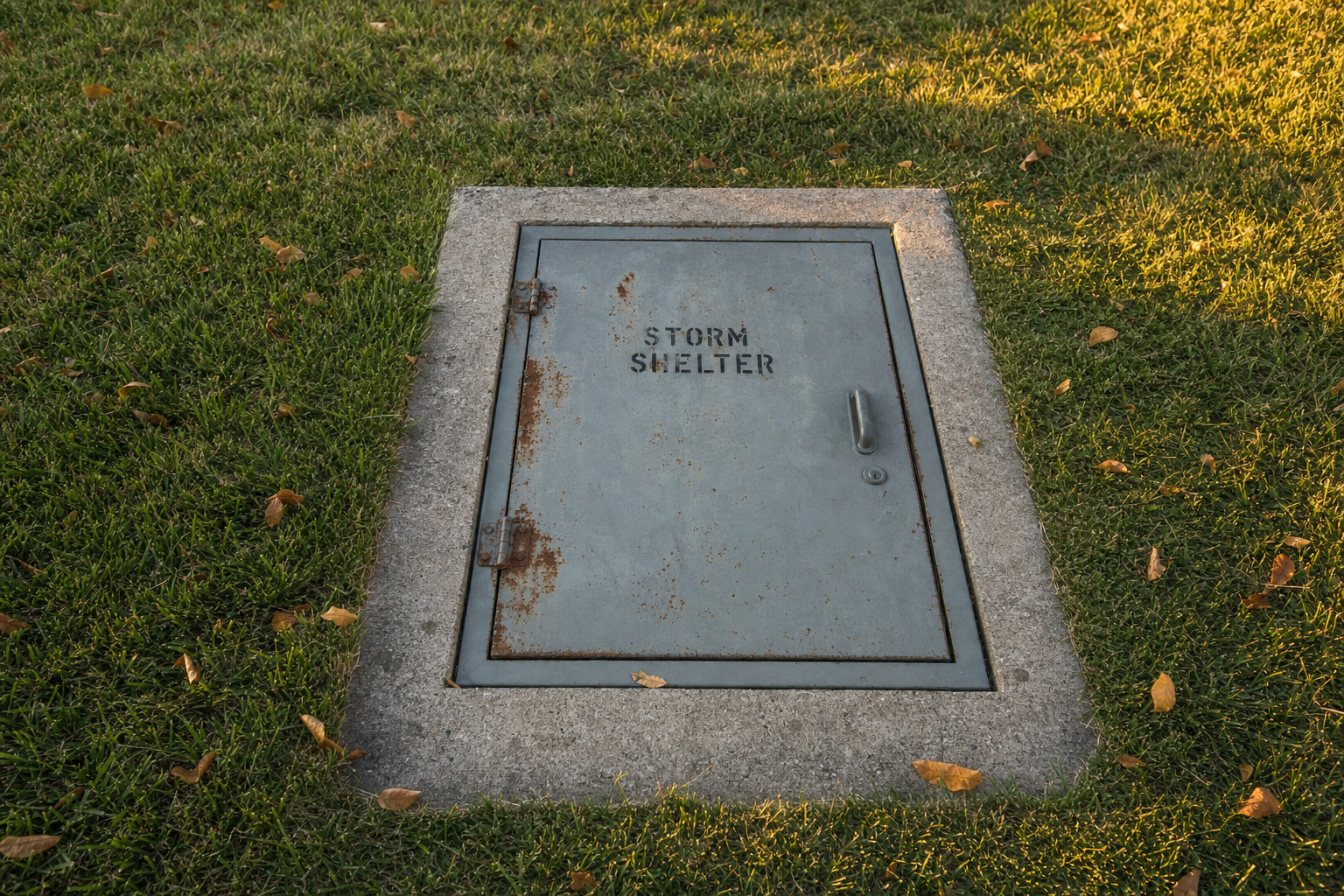 Closed exterior storm shelter door in grass