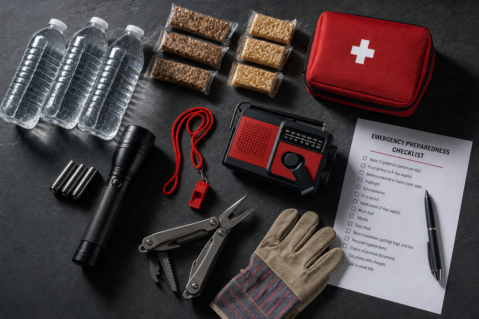 Emergency supplies laid out including water, first aid, radio, and flashlight