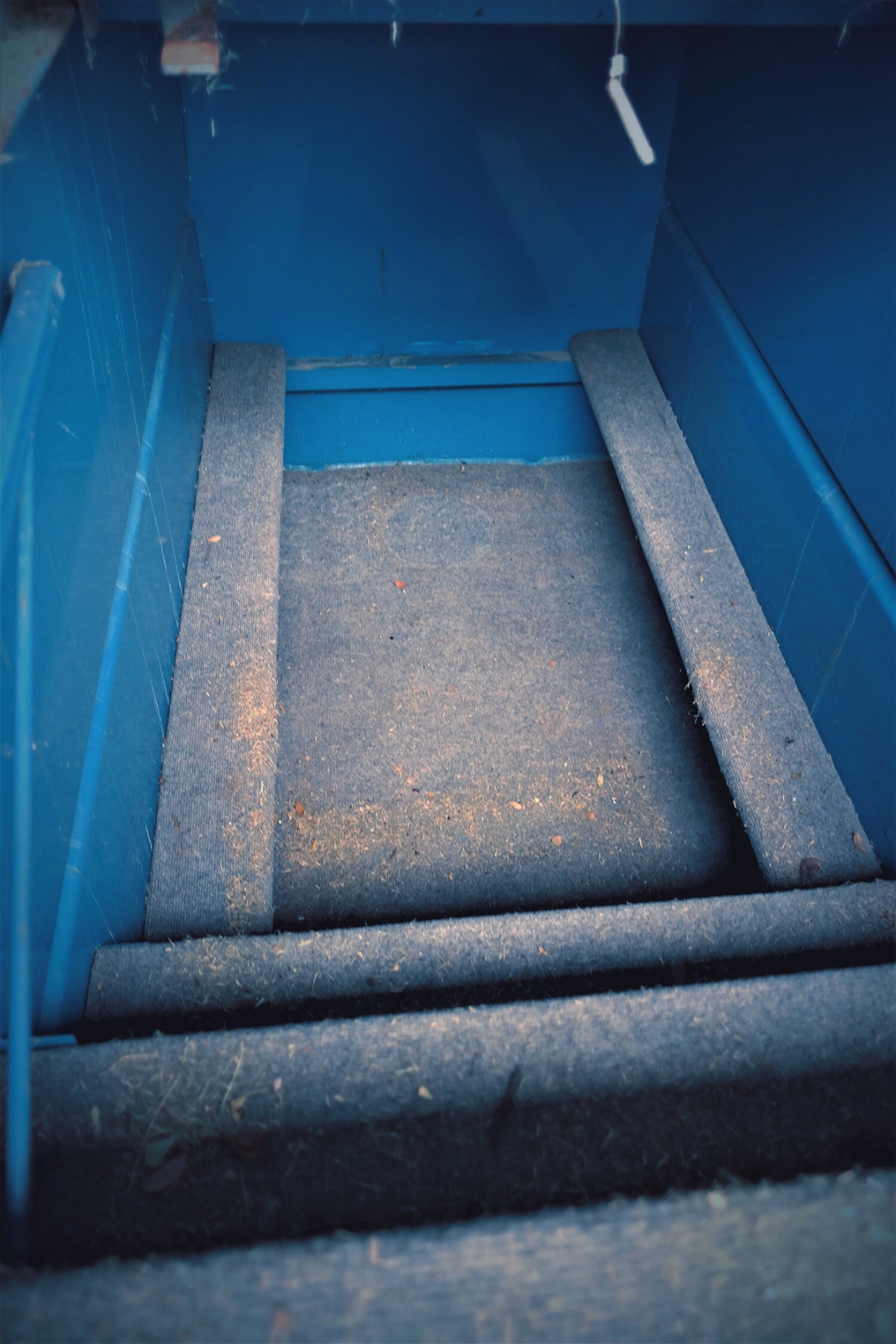 Storm shelter interior before cleaning — dusty, debris-covered steps